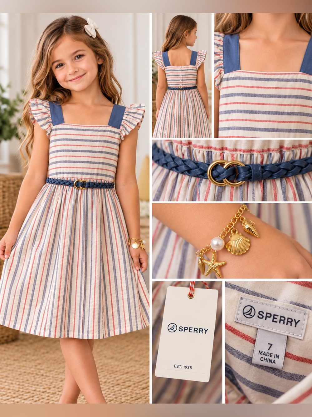 Sperry Cream Dress with Blue and Red Stripes and Navy Braided Belt